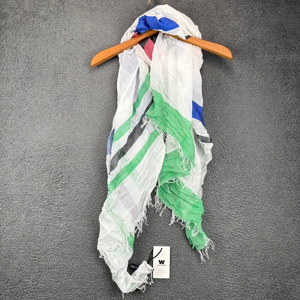 W By Worth Optic White Blue Green Stripe Oblong Scarf W171SC15W-NO Made In Italy